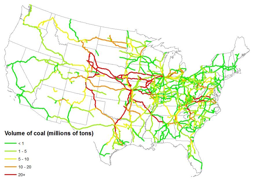 0 Figure Volume and distribution of coal by rail in 00 0 0 Results by origin Figure shows the modeled routes and aggregated volume of coal by rail and water originating from the Powder River Basin