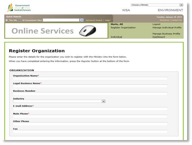 27. Register Organization Page appears. 28. Complete the empty fields within the registration form.