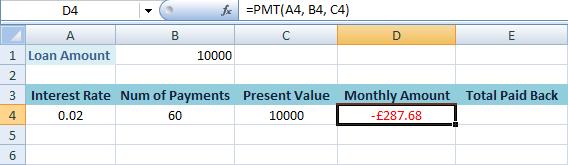 OK, we now have all the parts for our PMT() function: a rate (A4), an nper (B4), and a pv (C4).