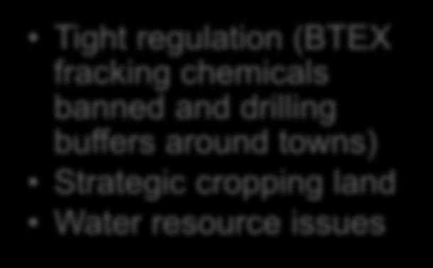 drilling buffers around towns) Strategic cropping land Water resource issues Fiscal and