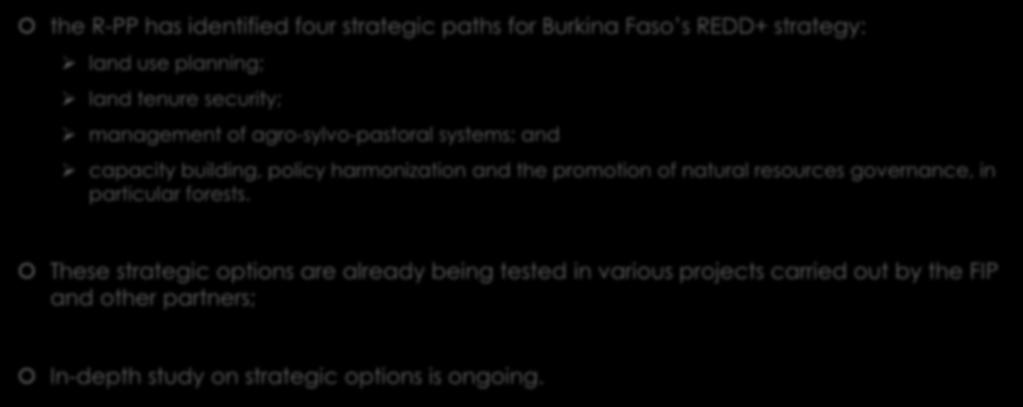 REDD+ strategic options the R-PP has identified four strategic paths for Burkina Faso s REDD+ strategy: land use planning; land tenure security; management of agro-sylvo-pastoral systems; and