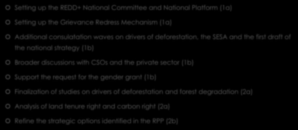 Summary of upcoming activities for 2018 Setting up the REDD+ National Committee and National Platform (1a) Setting up the Grievance Redress Mechanism (1a) Additional consulatation waves on drivers of