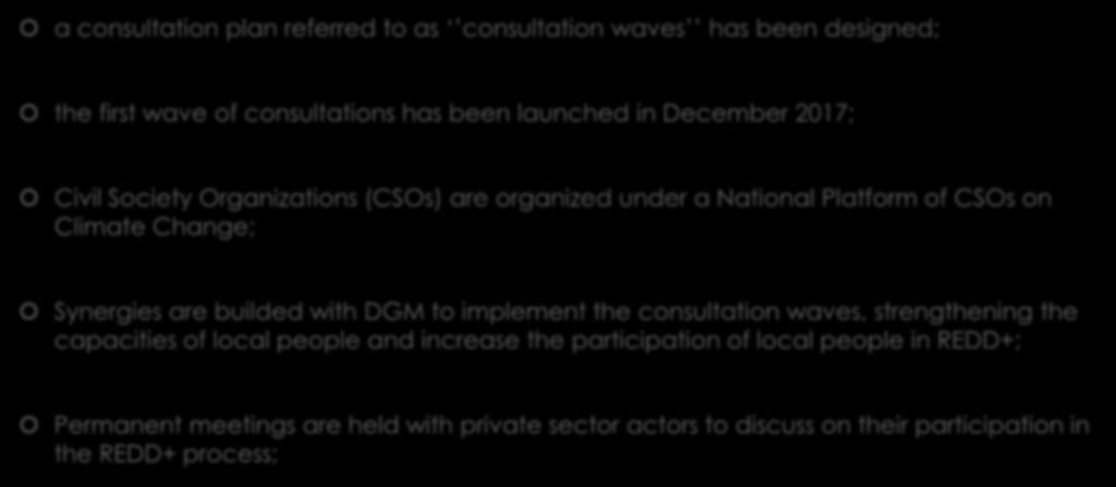 Consultation plan and participation a consultation plan referred to as consultation waves has been designed; the first wave of consultations has been launched in December 2017; Civil Society