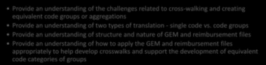 Training Modules Translation and GEM Provide an understanding of the challenges related to cross-walking and creating equivalent code groups or aggregations Provide an understanding of two types of