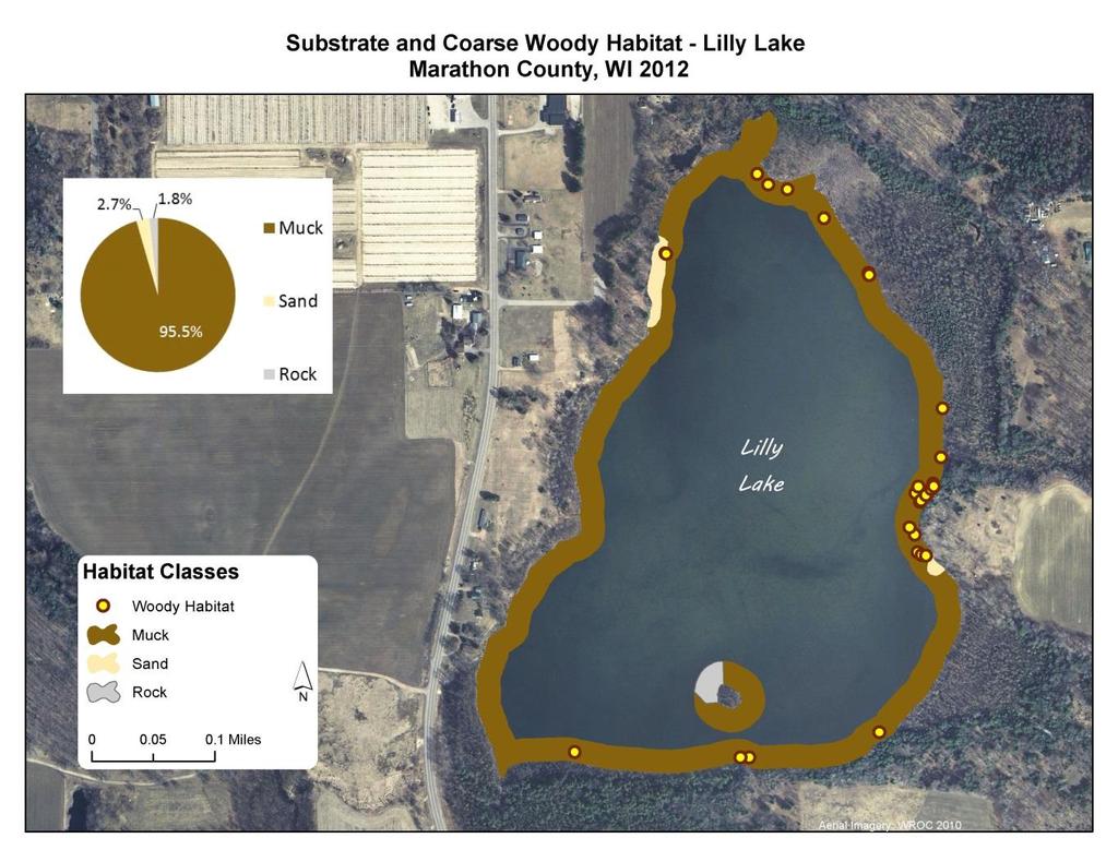Lilly Lake Lake Map Habitat in and near the lake plays a major role in the composition of a fish community. Habitat is a combination of aquatic plants, woody structure and lake substrate.