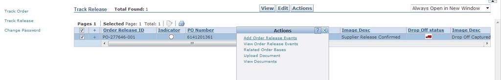 Order Release Result Screen appears Select Order Click Action and Select Add Order Release Events