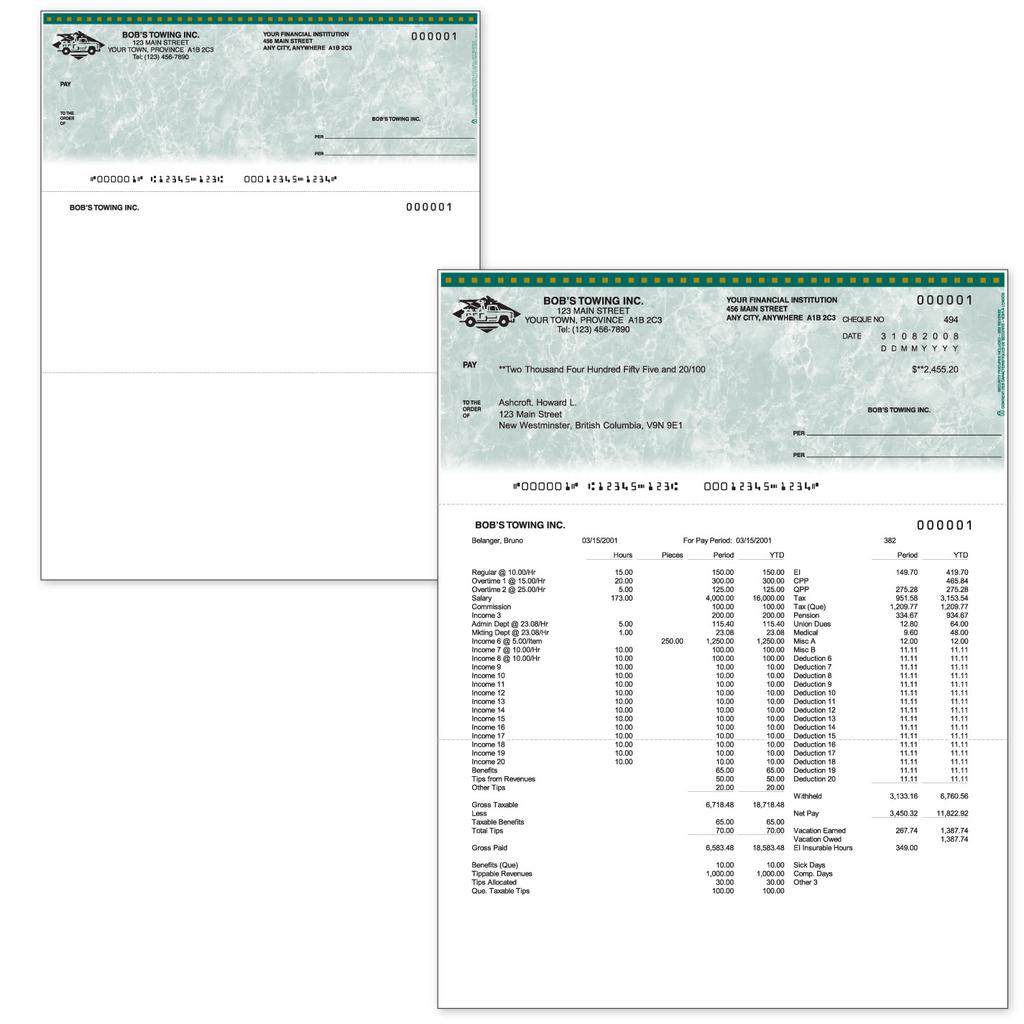 Payroll cheques Long Stub Format SLF310 Allows plenty of space for detailed account information.
