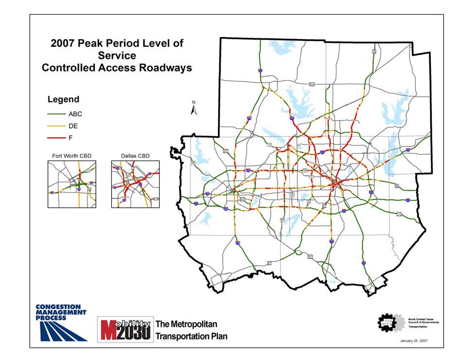 EXHIBIT II-4 PEAK PERIOD LEVEL OF SERVICE Exhibit II-5 shows DFW Regional Travel Model output derived from the LOS map above to better illustrate the extent of congestion on the controlled access