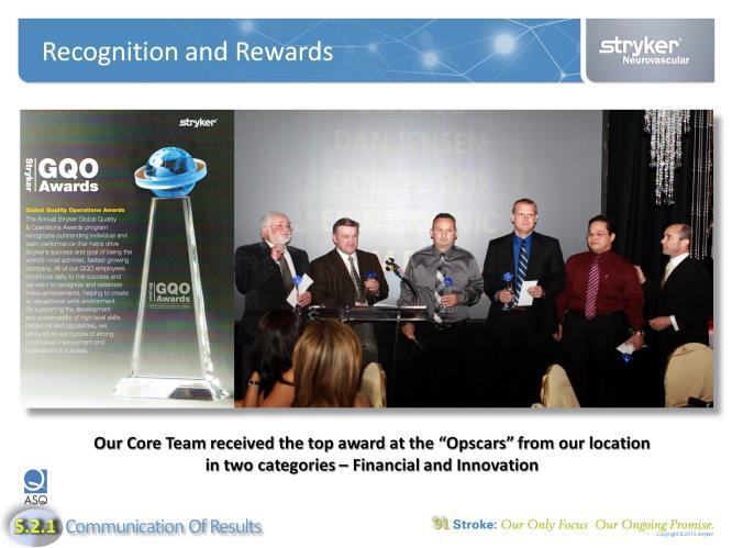 Our Core Team was awarded Stryker s site annual innovation and financial Award.