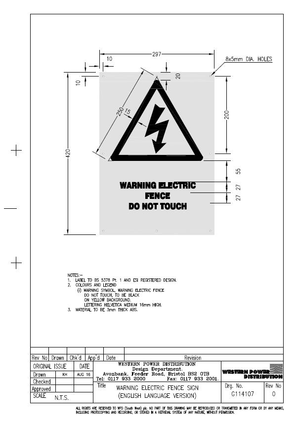 ELECTRIC FENCE WARNING SIGN - DRAWING NUMBER G114107