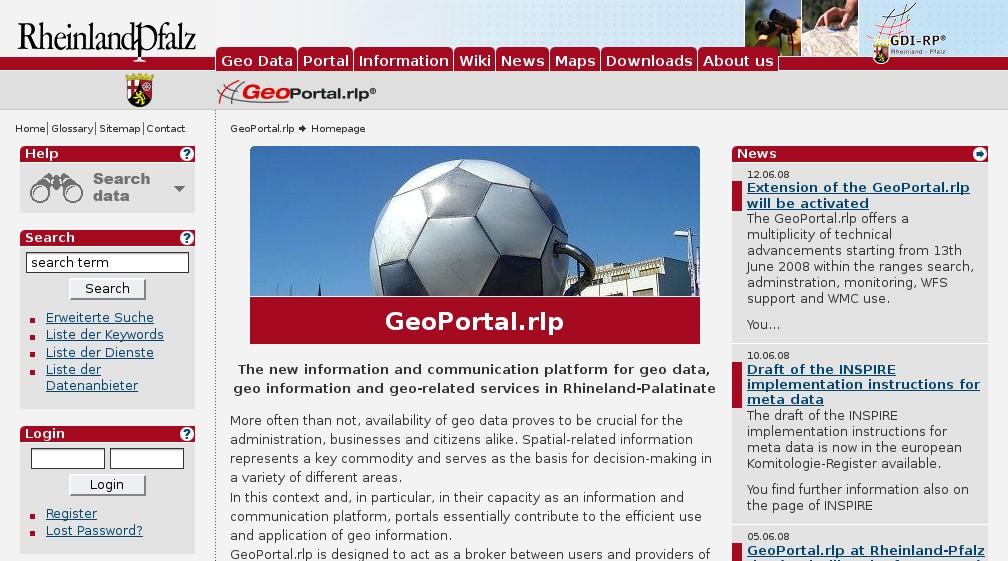GeoPortal.rlp part of GDI DE Good Practice Example (OGC website of the month http://www.opengeospatial.org > Newsletter) The spatial portal site GeoPortal.rlp (http://www.geoportal.rlp.de/) is designed to act as a broker between users and providers of spatial information and geo related services.