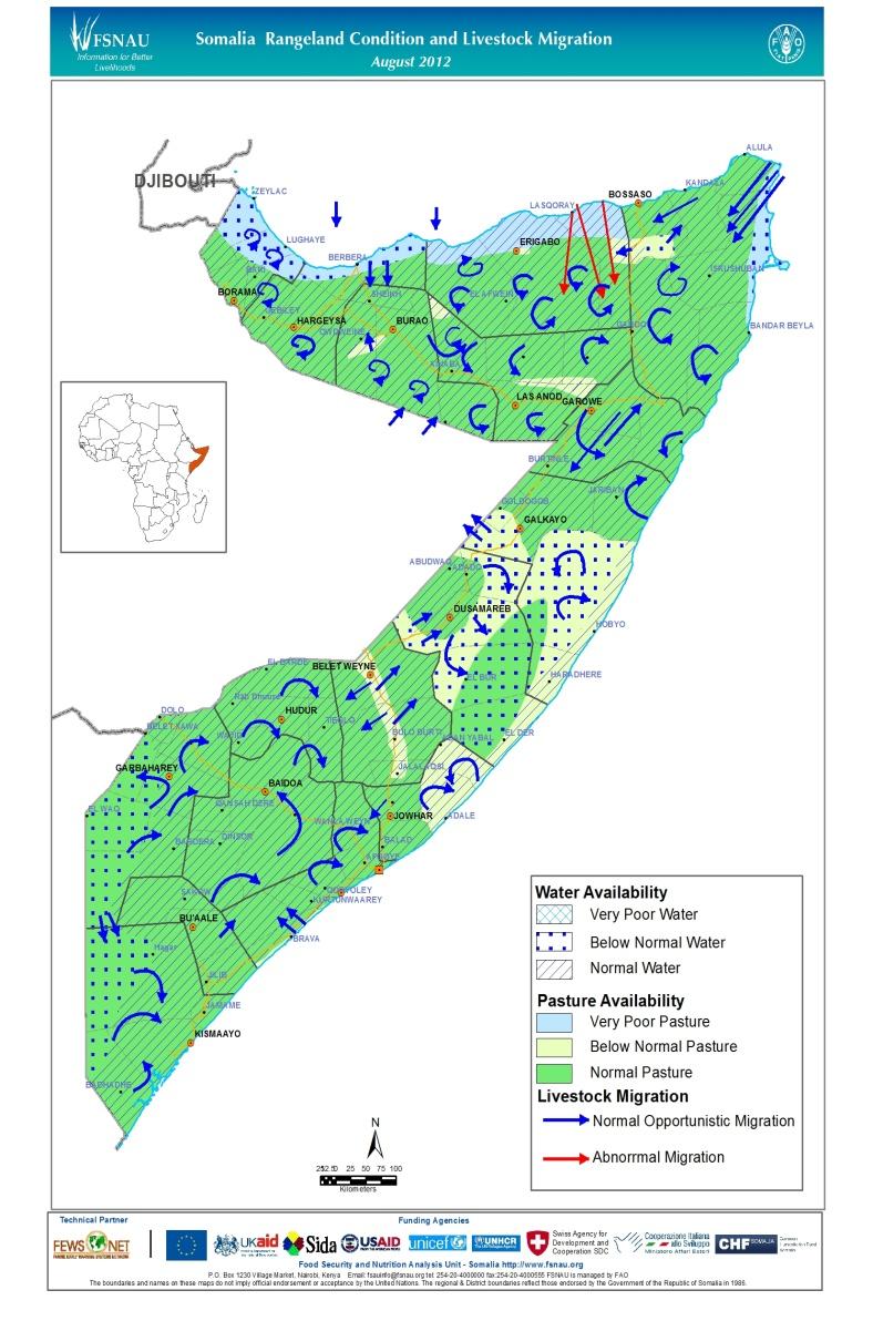 LIVESTOCK Rangeland Conditions and Livestock Migration Pasture: As a result of excellent Deyr 2011/12 rains, average dry pasture is available in all livelihoods of the region Water: Adequate supply