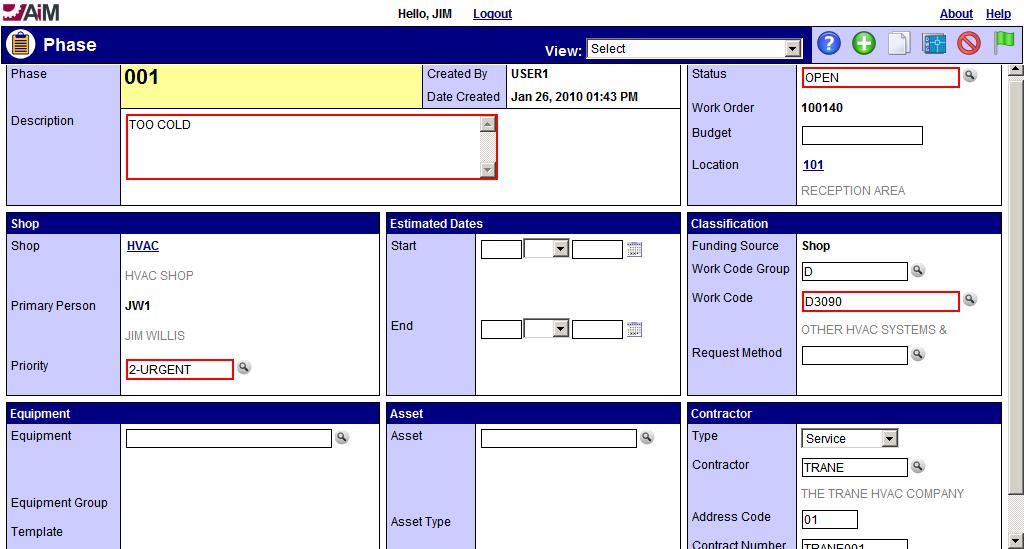 Phase Screen The phase tracks a task in a work order. Any number of phases is supported per work order.