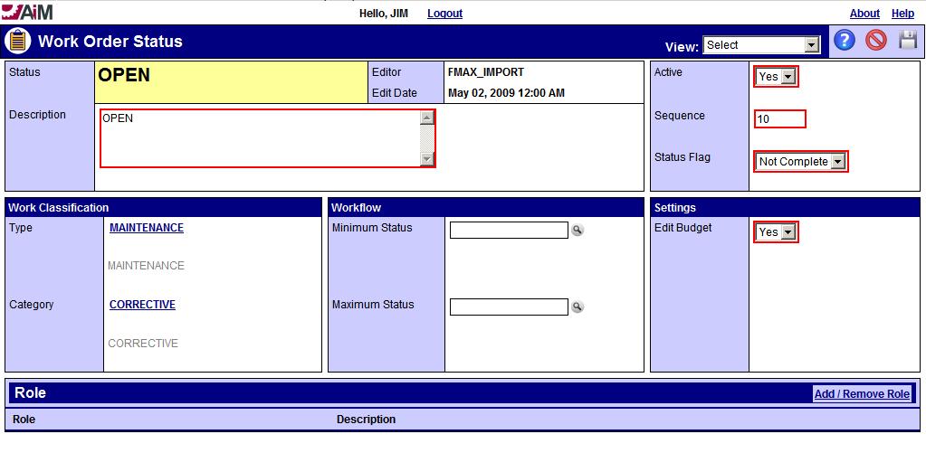 5. Work Order Status Screen The work order status screen is used to set up work order statuses. Statuses are created to describe each stage of work order progress from creation to completion.