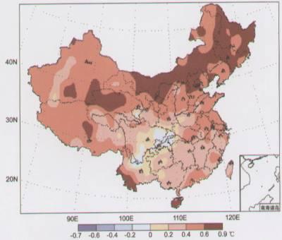 Change in Surface Temperature annual precipitation in China for Past 50 Years Temperature Anomaly (C)