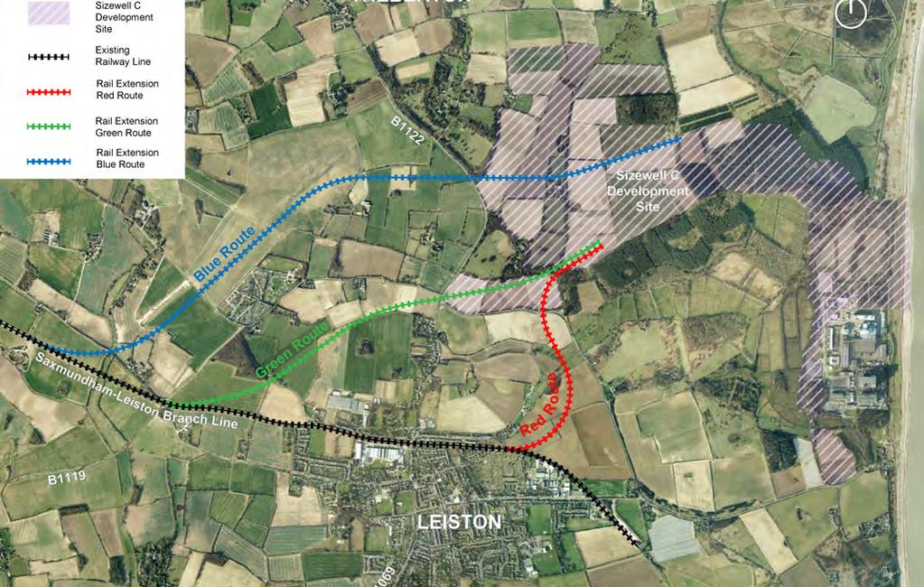 Figure 6.3: Route Options for Extending the Saxmundham-Leiston Branch Line into the Sizewell C Construction Site 6.7.