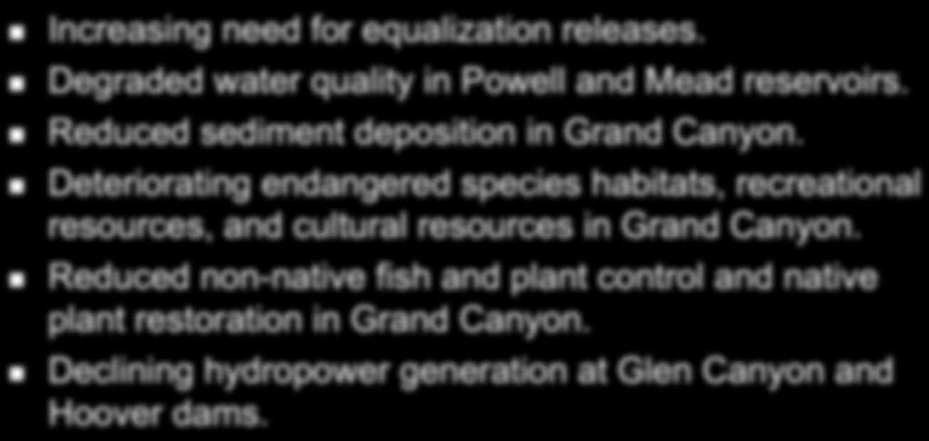 Potential Impacts of Reduced Water Flow! Increasing need for equalization releases.! Degraded water quality in Powell and Mead reservoirs.! Reduced sediment deposition in Grand Canyon.