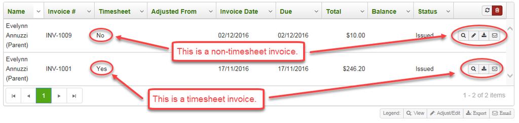Actions that can be performed on an existing invoice Once an invoice has been created, you can View the invoice, Export (or Print) the invoice, Email the invoice to the contact, and Edit the invoice,