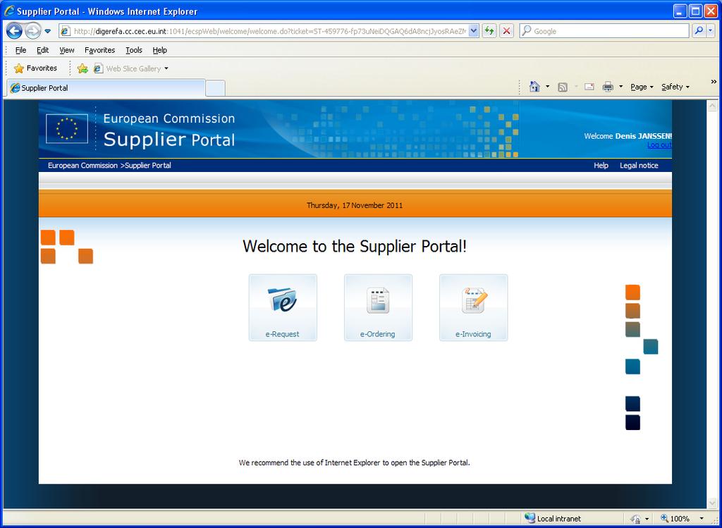 Figure 3 Supplier Portal welcome screen In the Supplier Portal welcome screen, click the e-invoicing icon to launch the corresponding module. 3.3.1.