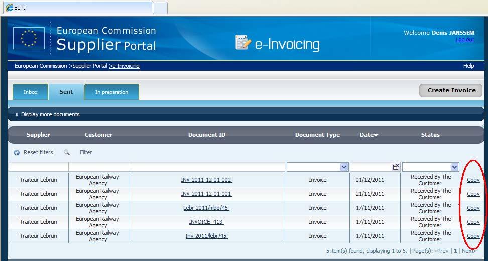 Figure 22 Entering the invoice creation wizard (Copy link) In the detailed form of any sent invoice, click the Copy button in the upper left part of the screen detailed form of any sent invoice.