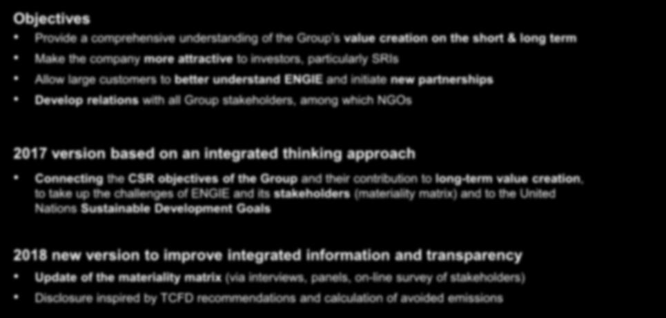 ENGIE first among CAC40 companies to publish an Integrated Report Objectives Provide a comprehensive understanding of the Group s value creation on the short & long term Make the company more