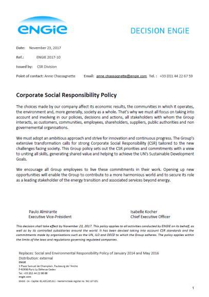 Conclusion A CSR policy revised Development of an internal CSR ambassadors network CSR still represented at high level at ENGIE The Group wishes to be 2 C compliant Follow-up of TCFD