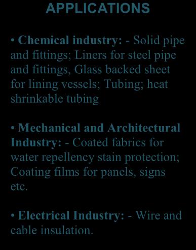 Mechanical and Architectural Industry: Seals; Piston rings; Bushings; Ethylene Tetrafluoroethylene (ETFE) FEP (Fluorinated ethylene propylene) is extruded and