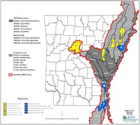 Figure 12. Mississippi River Basis Initiative, focus areas, 2012, Arkansas. to adopt these practices.