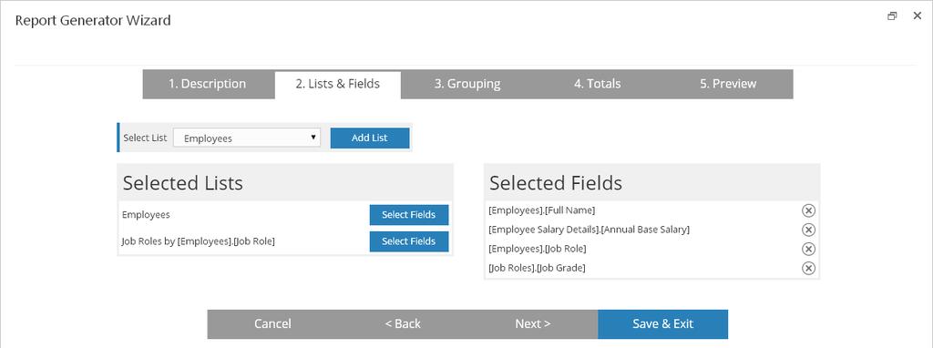 The names of the selected fields consist of the list name and field name.