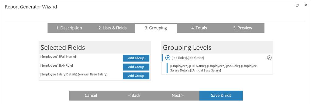Click it for the fields by which the grouping will be done. You can add two grouping levels. 11.