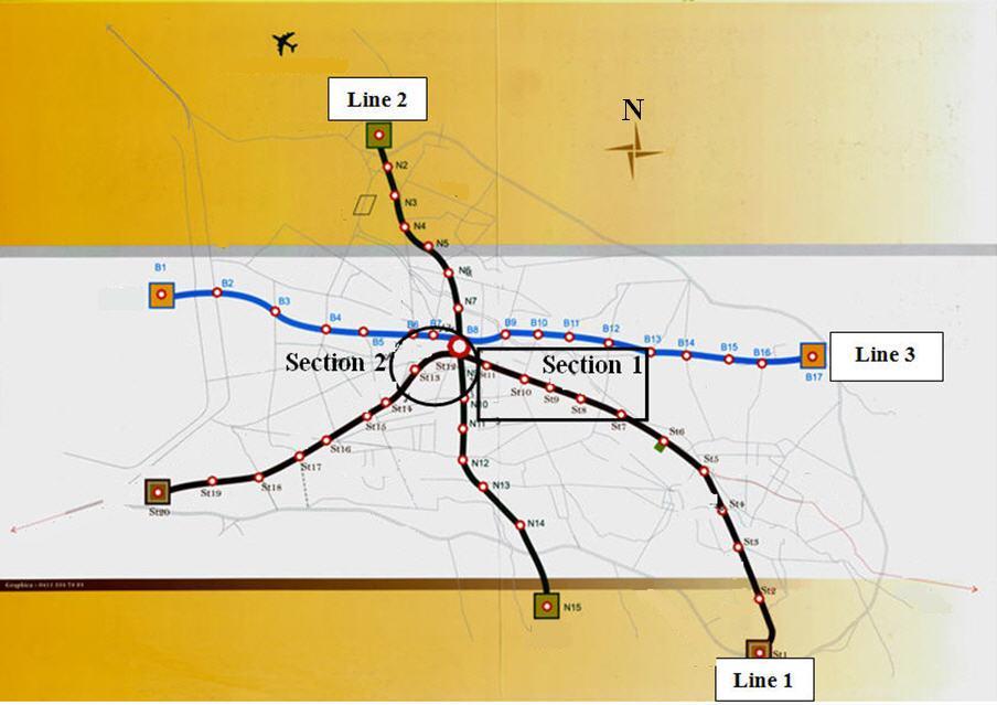 Figure 1 - Three lines of Tabriz metro Geotechnical condition is divided into four different sections in the tunnel alignment.