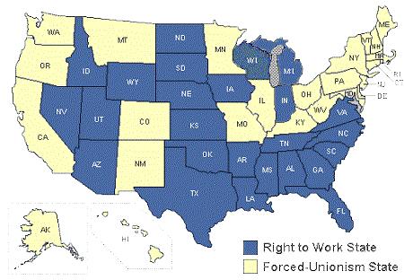Map of Right-to-Work & Forced-Union Fees States Protect your signature, you may be signing your membership up front In a Right-to-Work State signing union authorization