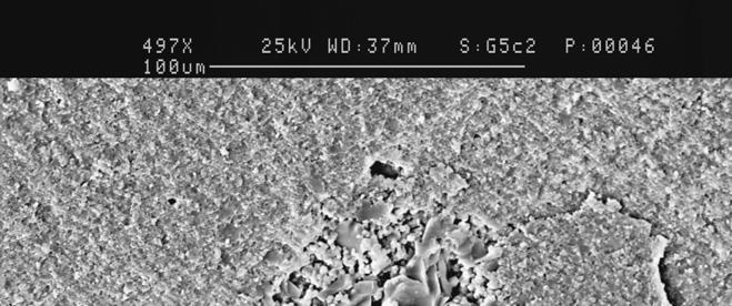 Figure 5.45 SEM micrograph of GP1Y4Al material. The critical porosity (100 µm size porous region), which was found to be the cause of failure is observed in this micrograph 5.2.