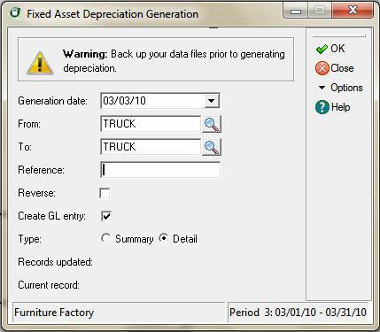 Generating Recurring Depreciation 5 Related Help Topics Attaching notes to fixed assets Deleting fixed assets Verifying fixed asset information Generating Recurring Depreciation After you have