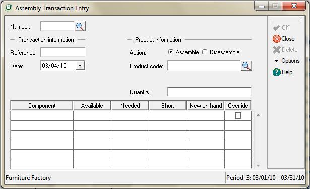 9 Working with Inventory Sage DacEasy Accounting User s Guide Entering Assembly Transactions After adding a component list to a finished good, you can assemble components into a finished product