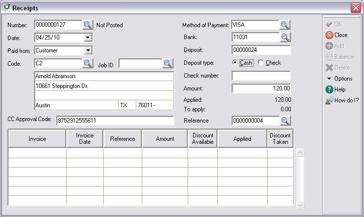 10 Banking Sage DacEasy Accounting User s Guide Cash Receipts Entering Cash Receipts Use the Receipts dialog box to enter receipts you deposited into your bank account.