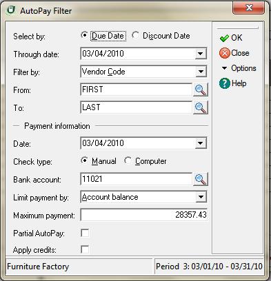 Cash Payments Paying Vendors With AutoPay 10 To Pay Vendors With AutoPay 1 Select Cash Entry from the Transactions menu, and then select AutoPay. The AutoPay Filter dialog box appears.