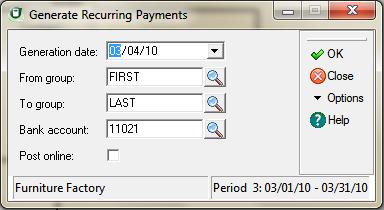 10 Banking Sage DacEasy Accounting User s Guide To Generate a Recurring Payment 1 Select Recurring Generation from the Transactions menu, and then select Payments.