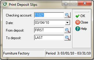 Verifying Cash Transactions Printing Checks 10 Use the Print Deposit Slips dialog box to specify the deposits to include on the printed deposit slip.