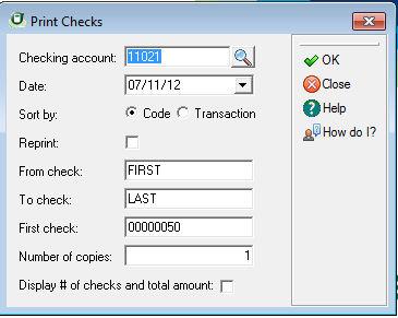Because the original check is voided, be sure to clear the Reprint check box when you print the check again. Tip: Select Help from the Print Checks dialog box for a detailed description of each field.