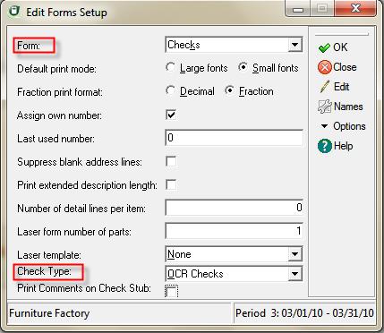 10 Banking Sage DacEasy Accounting User s Guide To Print OCR Checks 1 Select Defaults from the Edit menu and then select Forms Setup. The Edit Forms Setup dialog appears.