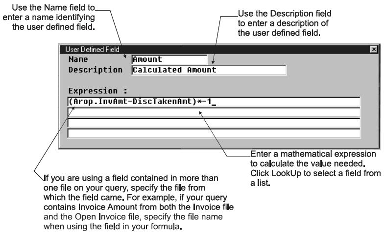 Using the Query Creating User Defined Fields 12 To Create User Defined Fields 1 Select Options and select Edit Expression from the Column Selection area on the Query Design dialog box.