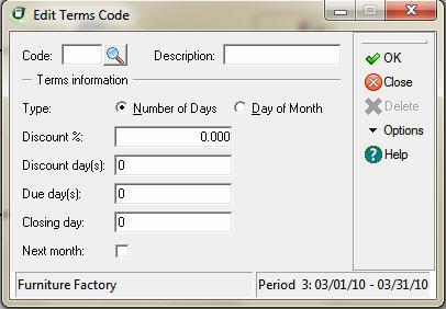 4 Setting Up Sage DacEasy Accounting User s Guide Define payment terms for customers and vendors using the Edit Terms Code dialog box.