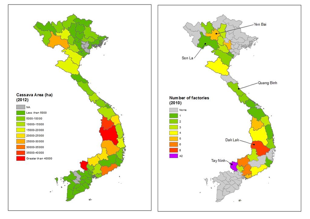 Fig 10. Cassava area and estimated number of cassava processing factories (all sizes) by Province.