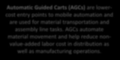 AGC AGV (LGV) AMR Automatic Guided Carts (AGCs) are lowercost entry points to mobile automation and are used for material