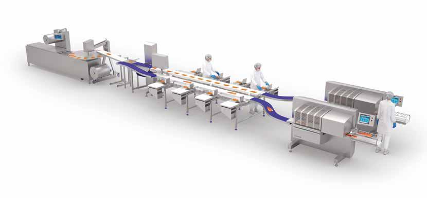 Slices are spread out on the line to make it easy and quick for operators to count and grab the slices in bundles fitting the packing format.