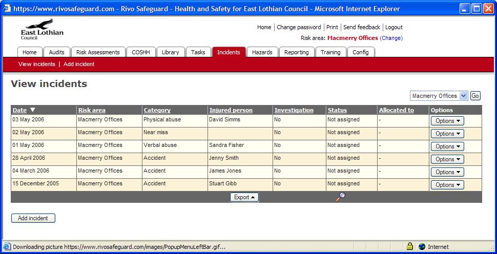 13 Incidents Recording Click on the Incidents tab to display a list of all