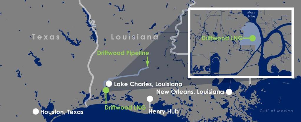 Driftwood LNG terminal and pipeline Driftwood LNG terminal Land ~1,000 acres near Lake Charles, LA Capacity ~27.6 mtpa (1) Trains Up to 20 trains of ~1.
