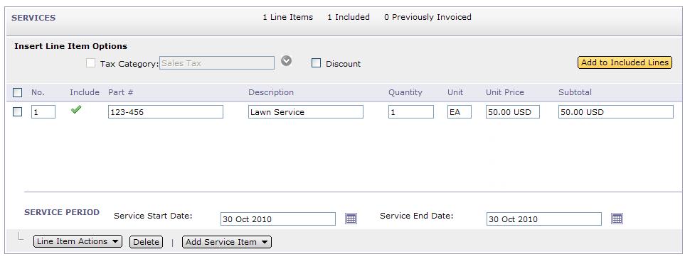 In the Services section, select Add Service Item button of the Invoice to