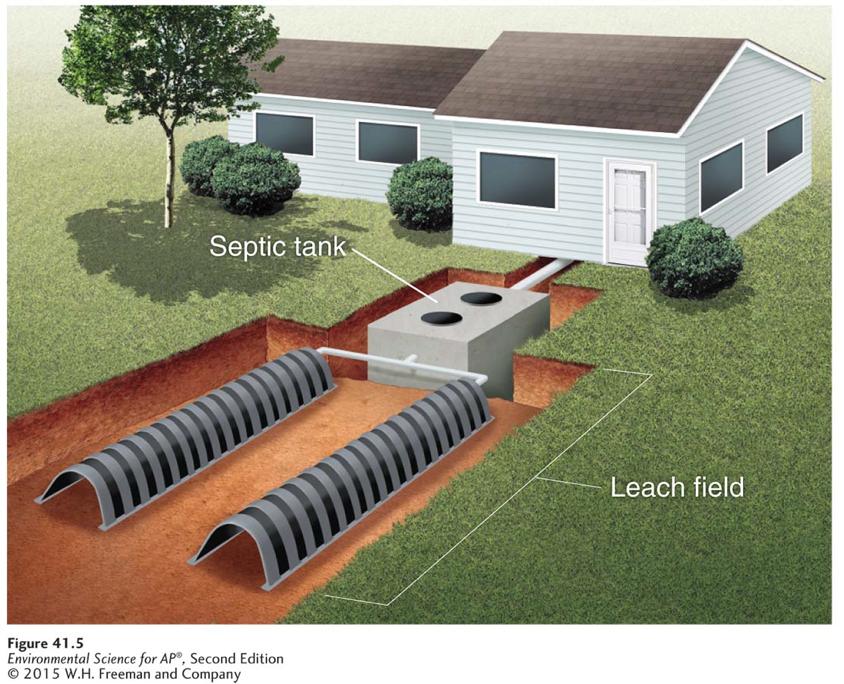 A septic system. Wastewater from a house is held in a large septic tank where solids settle to the bottom and bacteria break down the sewage.